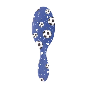 Oval hairbrush with world cup football print and ergonomic handle on white background