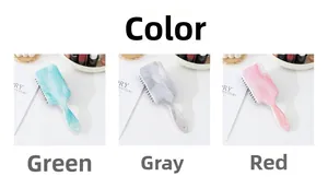 Detailed close-up of marble pattern rectangle cushion hairbrushes in green, grey, and pink