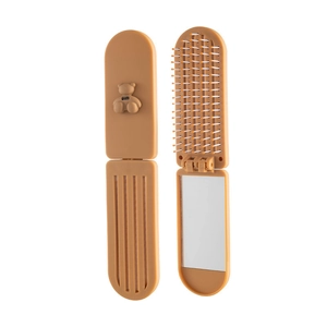 Portable folding compact mirror with air cushion brush and cute brown 3D bear relief