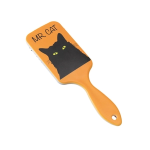 Orange Halloween Haarbürste mit schwarzem Katzenmotiv und ergonomischem Griff auf Weiß