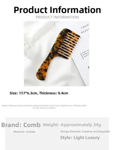 Detailed product size guide for the anti-static marble texture wide-tooth acetate hair comb