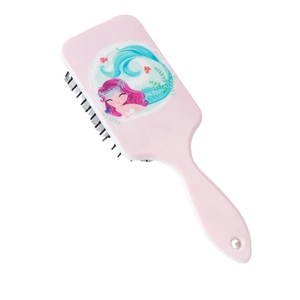 Pink massage hairbrush with a colorful cartoon mermaid illustration and ergonomic handle
