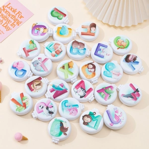 Foldable hair brush mirror set with cute colorful animal alphabet prints on white shell