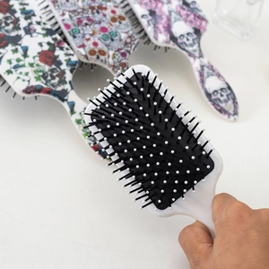 Skull and rose floral printed air cushion hair comb with anti-static massage bristles