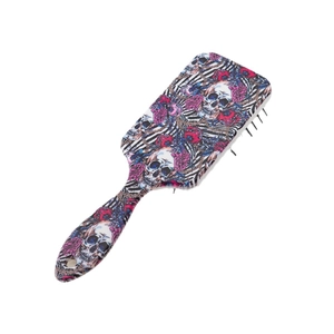 Skull and floral printed massage paddle brush with zebra pattern and gold chain motifs