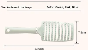 Detail view of a green vented hairbrush showing dimensions 23.6cm long and 7.2cm wide