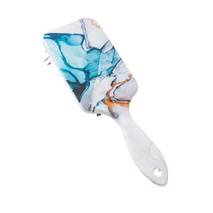 Flat paddle hair brush featuring a blue and orange marble texture design and white handle