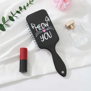 Square black paddle hair brush with cute cat ears print and heart meow design