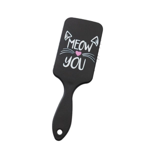 Black matte paddle hair brush featuring a cute cartoon cat face with MEOW YOU text