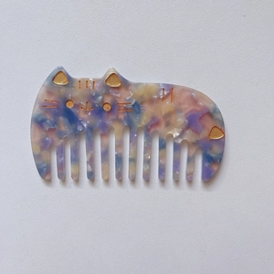 Portable wide-tooth hair comb with cute cat shape and colorful marble acetate pattern