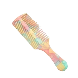 Portable acetate hair comb with marble pattern featuring wide and fine teeth