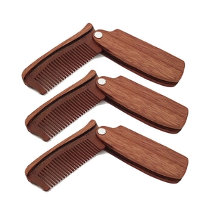 Three-piece set of portable folding natural wood combs with anti-static wooden grain