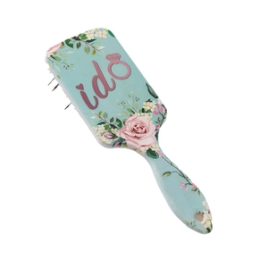 Floral air cushion hair brush with light blue handle and romantic I Do rose pattern