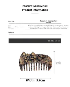 Detailed size chart for portable acetate wide tooth cat-shaped hair comb with tortoise pattern