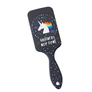 Black unicorn cushion hairbrush with rainbow print and anti-static massage bristles