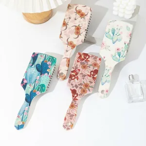 Brosse à Cheveux Paddle Style Occidental Peigne de Massage à Coussin d'Air Boho Vache Cactus Imprimé Floral Brosse Démêlante