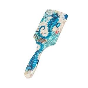 Square paddle hairbrush featuring blue seahorse and red starfish nautical print design