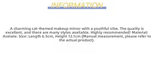 Detail specifications of cat-shaped acetate mirror with size dimensions 6.5cm by 12.1cm