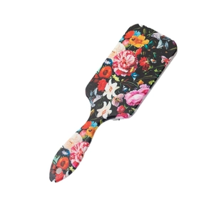 Floral print air cushion paddle brush with colorful roses and lilies on black finish