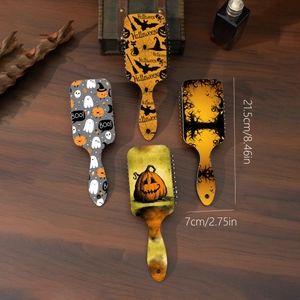 Halloween pumpkin and ghost pattern hair brushes set on vintage wood background