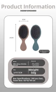 Detailed view of mini boar bristle hairbrushes with dimensions and soft-touch finish
