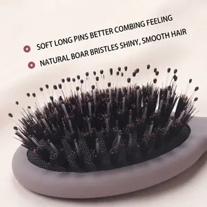 Mini portable cushion hairbrush with natural boar bristles and nylon pins for massage