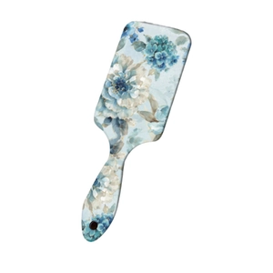 Floral air cushion paddle hair brush with vintage blue hydrangea print and ergonomic handle