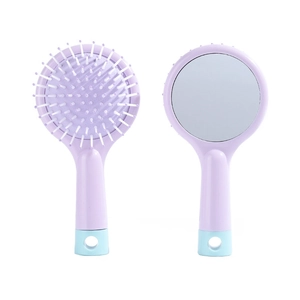 Portable purple hair brush with massage air cushion and integrated round mirror