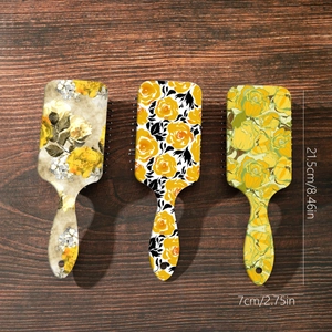 Vintage yellow rose air cushion hair comb set with floral pattern and anti-static design
