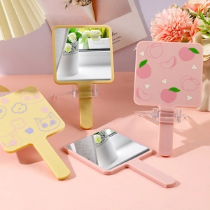 Pink peach and cat pattern portable handheld makeup mirror for desktop and travel use