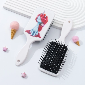 Cute unicorn cartoon massage hairbrush set with white ABS body and black air cushion