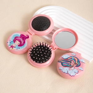 Portable cartoon mermaid folding hairbrush with mirror in soft pink air cushion design
