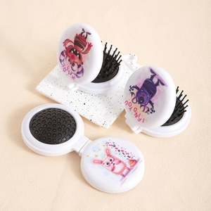 Portable folding hairbrush with mirror featuring cute cartoon patterns for travel