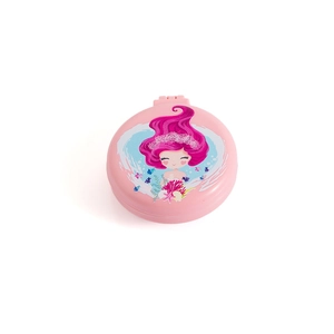 Detailed top view of pink foldable round hairbrush with cute cartoon mermaid illustration