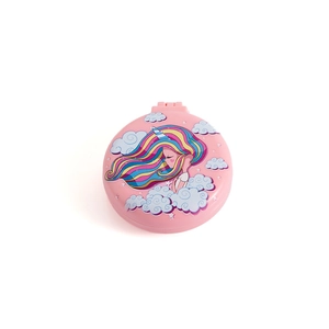 Detail of pink folding travel mirror brush with cute rainbow hair girl illustration