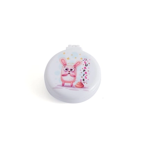 Portable folding hairbrush with mirror featuring a cute cartoon rabbit on pearl white case