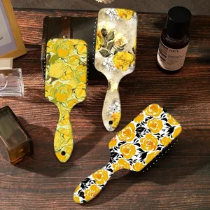 Vintage Yellow Rose Air Cushion Hair Brush Retro Floral Printed Anti Static Massage Detangling Paddle Brush For Women Hair Care