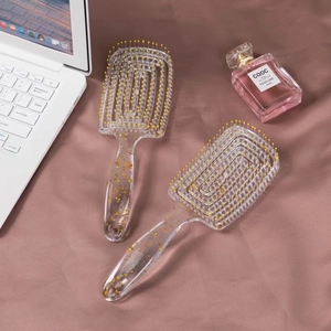 Transparent Gold Foil Plastic Detangling Hair Comb Hollow Fluffy Massage Brush For Women Daily Hair Care Styling Tool