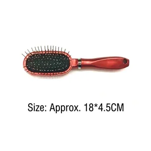 Portable red air cushion massage hairbrush with steel pins and metallic finish handle