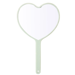 Draagbare muntgroene handspiegel in hartvorm met plastic frame en slanke handgreep