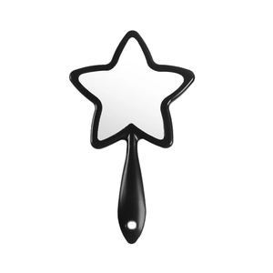 Star shaped hand mirror with ergonomic handle and hanging hole in glossy black finish