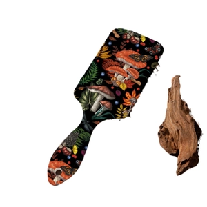Brosse à cheveux vintage motif champignons avec coussin antistatique et design botanique