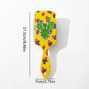 Brosse à cheveux de massage jaune à motif cactus et rose, dimensions 21,5 cm par 7 cm