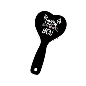 Brosse à cheveux chat en forme de cœur noire avec motif Meow You et trou de suspension