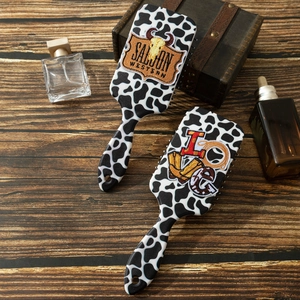 Brosses à cheveux style western avec motif vache et broderie sur bois