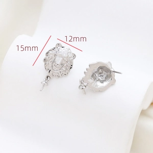 Detailed silver lion head earring post with loop for DIY jewelry making 15x12mm