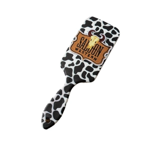 Brosse à cheveux style western imprimé vache avec patch brodé taureau et design rétro saloon
