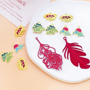 DIY Chinese style alloy charms set with lotus, pine, and red feather oil drop pendants