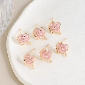 Pink enamel camellia flower earrings components in gold plated copper for DIY jewelry