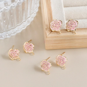 Copper Gold Plated Enamel Rose Flower Stud Earrings With 925 Sterling Silver Earring Post For DIY Jewelry Making Findings